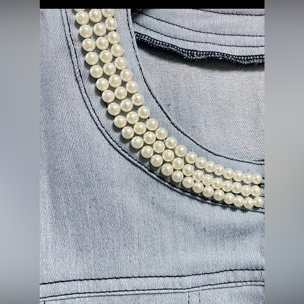 Pearl Embellished Denim Jacket with Lace Trim - Picture 2 of 4